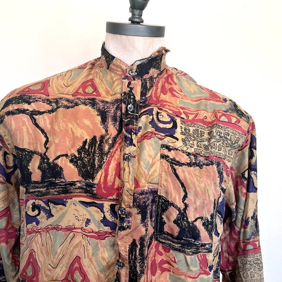 90s Silk Abstract Nehru Shirt - Long Sleeve - Mens - Size Large - Hamid Fashions - Picture 2 of 10